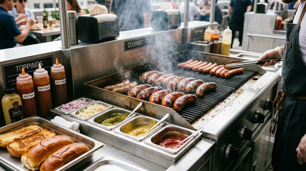 Close-up photorealistic shot of gourmet sausages and hot dog