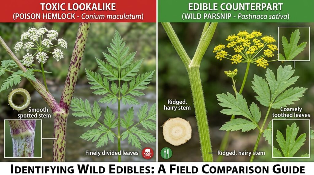 Side-by-side comparison photograph of toxic versus edible wi