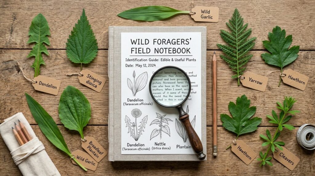 Overhead flat lay of wild plant identification materials in